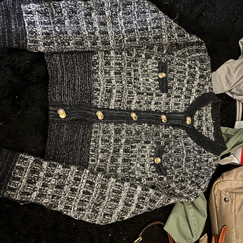Chic Black and White Knit Cardigan with Gold Buttons